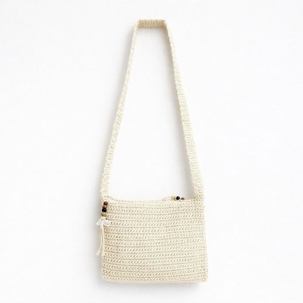 Woven Paper Straw‎ Crossbody Bag Ivory White Summer Beach Boho RN 48711